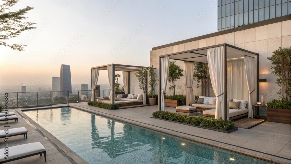 Fototapeta premium Modern rooftop infinity pool with elegant cabanas featuring flowing curtains, comfortable lounge furniture, and lush greenery, creating a serene oasis overlooking a breathtaking cityscape at sunset