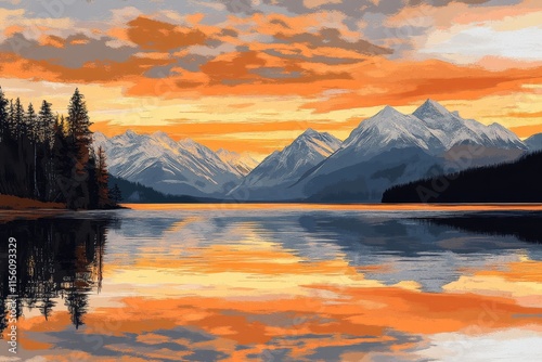 Stunning sunset over lake mcdonald  vibrant sky and snow capped mountains in the painter s stone photo