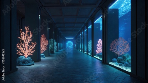 Glowing coral sculptures illuminate a darkened corridor with large windows showcasing an underwater scene, creating a captivating and surreal atmosphere photo