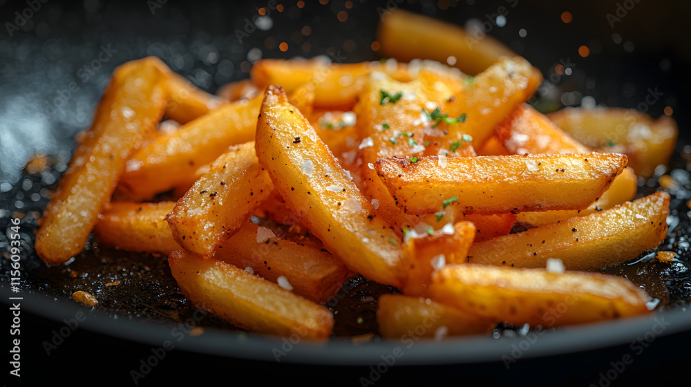 Golden French Fries Soaring Mid-Air from Frying Pan Golden French Fries Soaring Mid-Air from Frying Pan