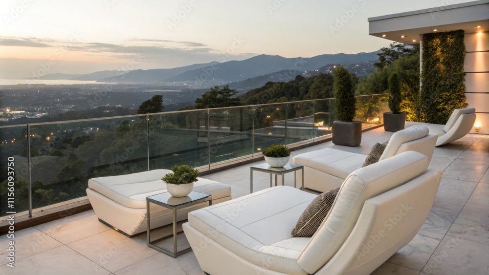 Obraz premium Comfortable white lounge chairs arranged on a modern rooftop patio offer a breathtaking view of a valley, mountains, and the sea at sunset, creating a luxurious and relaxing atmosphere
