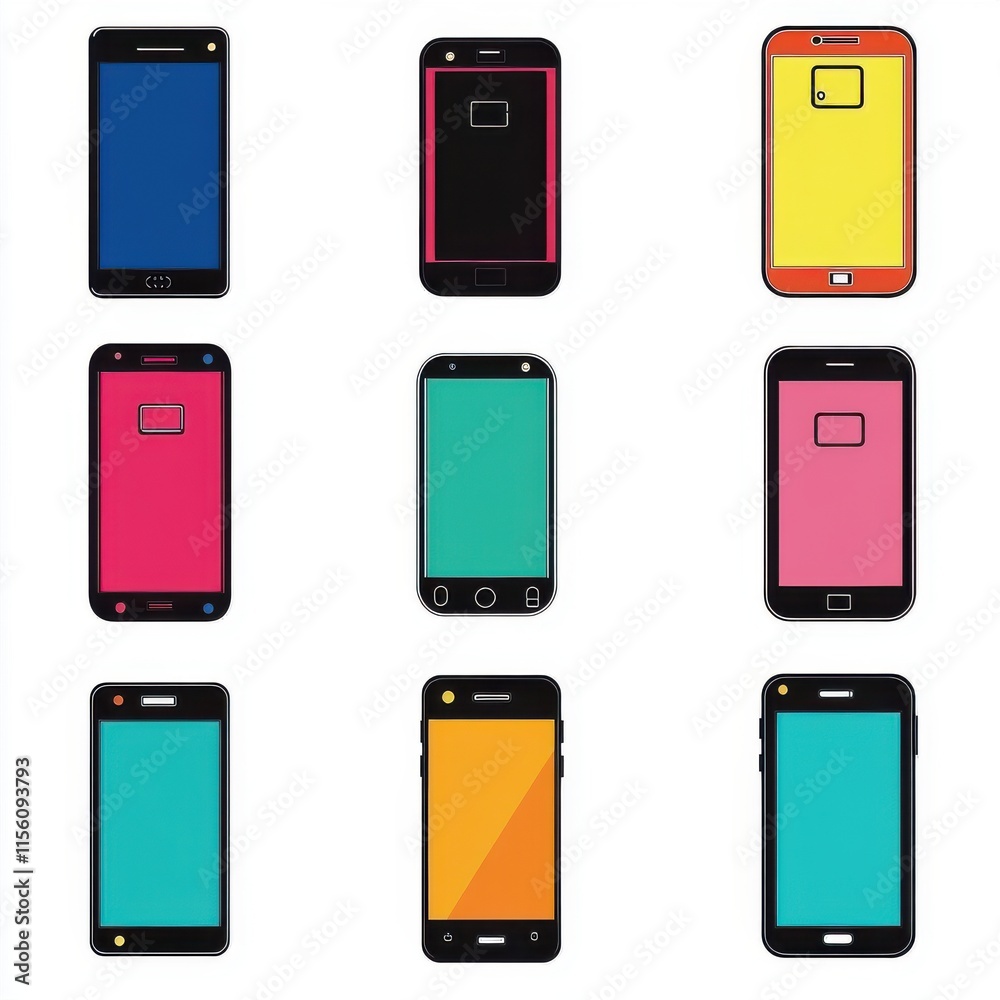 A vibrant arrangement of nine colorful smartphone silhouettes on a white background. A vibrant arrangement of nine colorful smartphone silhouettes on a white background.
