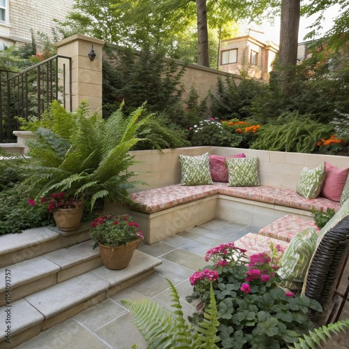 Comfortable cushions adorn a sunken seating area, creating a cozy and inviting space for relaxation amidst lush greenery and colorful flowers in a residential garden