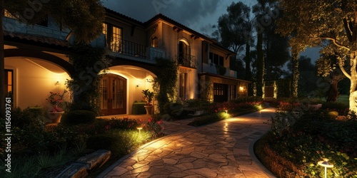 Evening Illumination: Residential Home and Spacious Front Yard with Lit Walkway