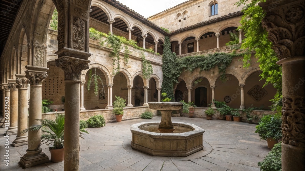 Fototapeta premium Stone arches and columns enclose a serene courtyard garden, featuring a central fountain, potted plants, and creeping vines, creating a peaceful atmosphere