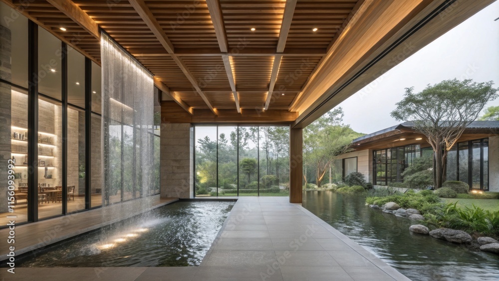 Elegant water feature flows from the ceiling into a pond in a modern luxury home, surrounded by lush greenery and wooden beams, creating a tranquil and relaxing atmosphere Elegant water feature flows from the ceiling into a pond in a modern luxury home, surrounded by lush greenery and wooden beams, creating a tranquil and relaxing atmosphere