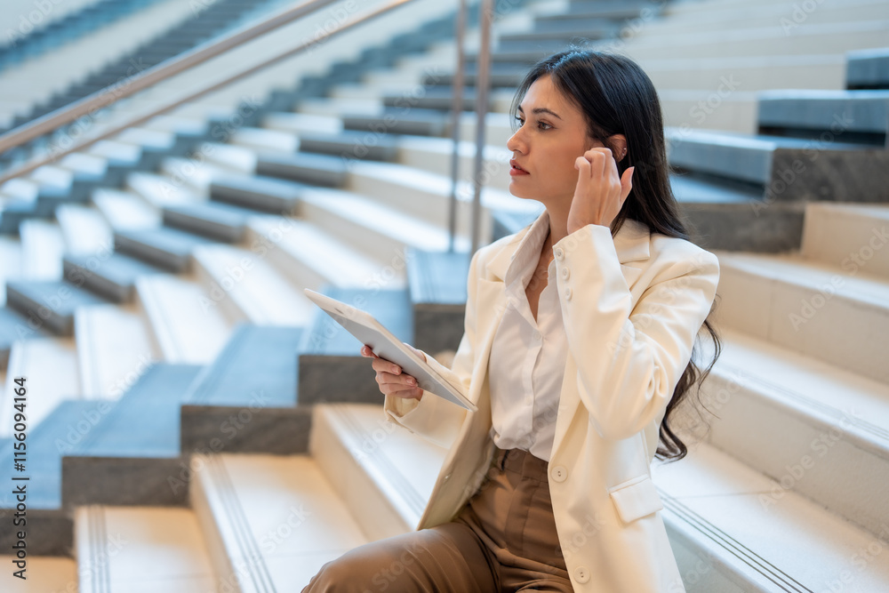 woman in white blazer sits on stairs, holding tablet and adjusting her hair. She appears focused and engaged in her task, surrounded by modern architectural setting woman in white blazer sits on stairs, holding tablet and adjusting her hair. She appears focused and engaged in her task, surrounded by modern architectural setting