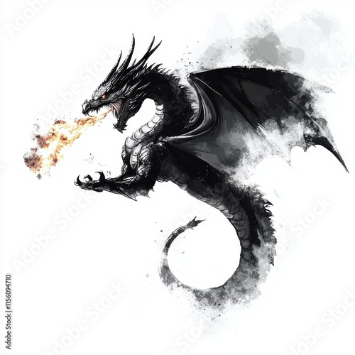 A fierce black dragon unleashes flames, showcasing its majestic wings and sharp claws against a misty backdrop. photo