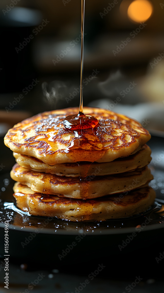 Fluffy Pancakes Flipping with Maple Syrup Fluffy Pancakes Flipping with Maple Syrup