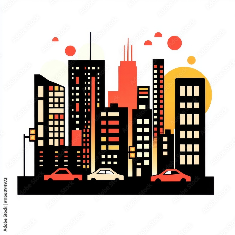Obraz premium Stylized cityscape illustration showcasing vibrant colors and geometric shapes in a modern urban setting.