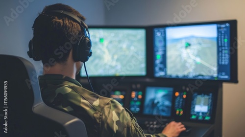 Military Personnel Operating Advanced Simulation Technology in Control Room with Multiple Screens Displaying Strategic Data and Visuals