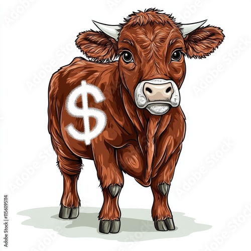 A cartoon illustration of a brown cow with a dollar sign on its side, emphasizing its value in a humorous way. photo