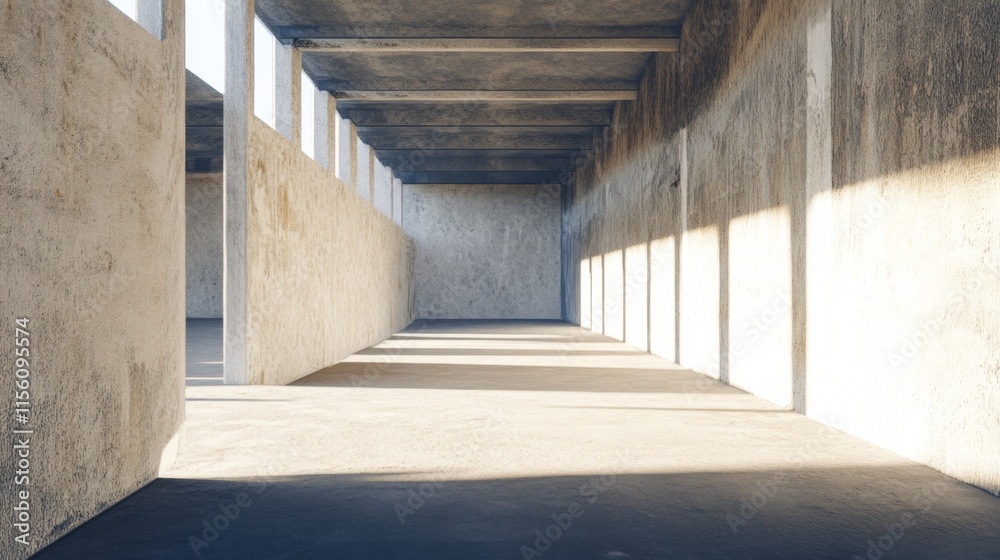 Obraz premium Minimalist Industrial Interior Space with Textured Concrete Walls and Soft Natural Light Streaming Through Windows for Modern Design Concepts