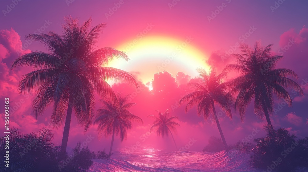 Tropical Palms Under Rainbow in Vibrant Paradise Scene Tropical Palms Under Rainbow in Vibrant Paradise Scene