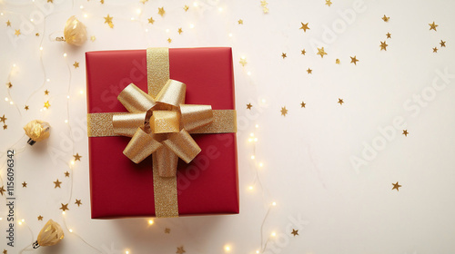 Wallpaper Mural red gift box with golden ribbon and golden confetti on white background Torontodigital.ca