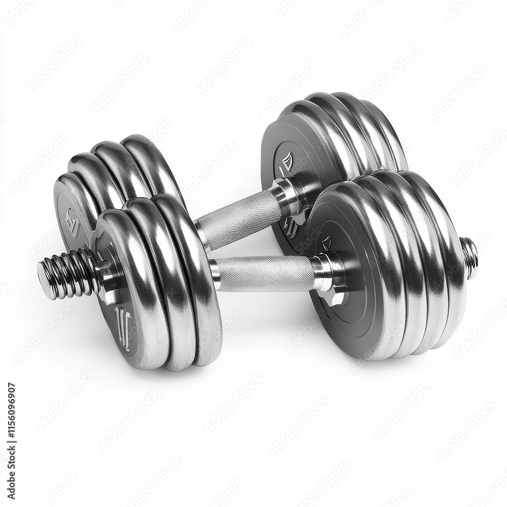 Naklejka premium A pair of sleek, silver adjustable dumbbells designed for strength training workouts.