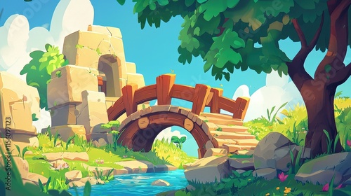 Idyllic scene of a rustic wooden bridge over a stream, near ancient stone ruins nestled in a lush green landscape under a bright sunny sky.