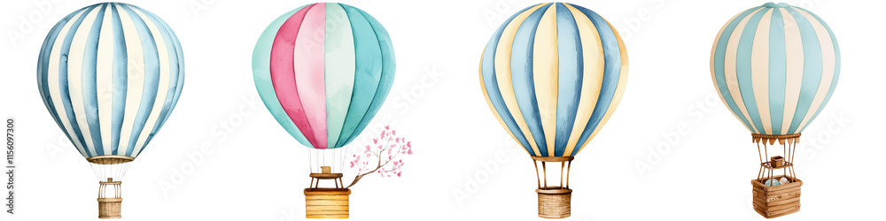 Naklejka premium National Retro Day memories, Colorful hot air balloons in various designs, featuring distinct patterns and vibrant colors.