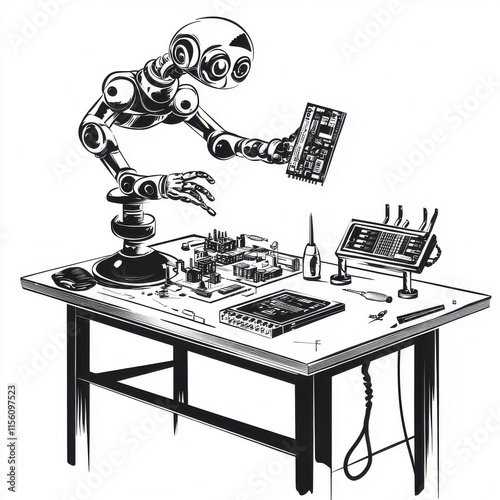 A mechanical robot arm works on a circuit board, showcasing the intersection of technology and automation. photo