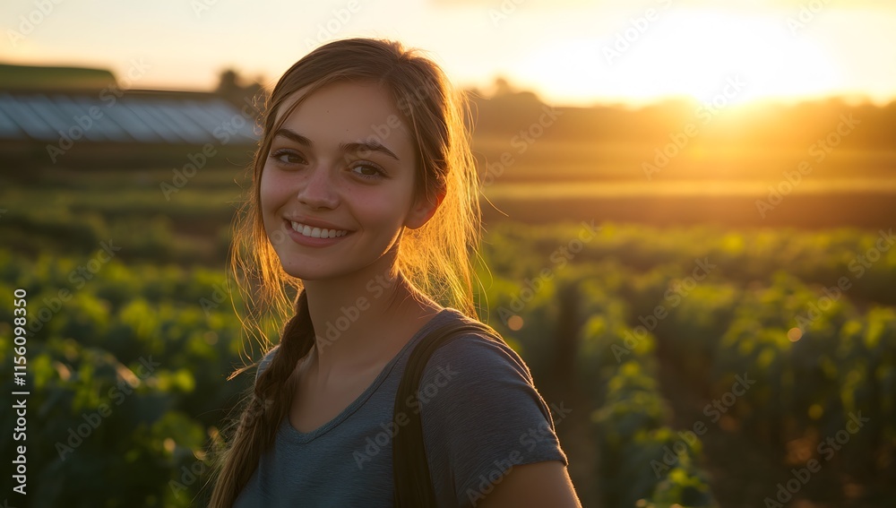 Smiling Woman Golden Sunset Farm Field Green Background Smiling Woman Golden Sunset Farm Field Green Background