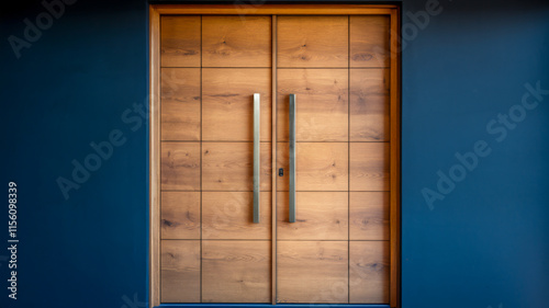 Modern wooden double door with metal handles