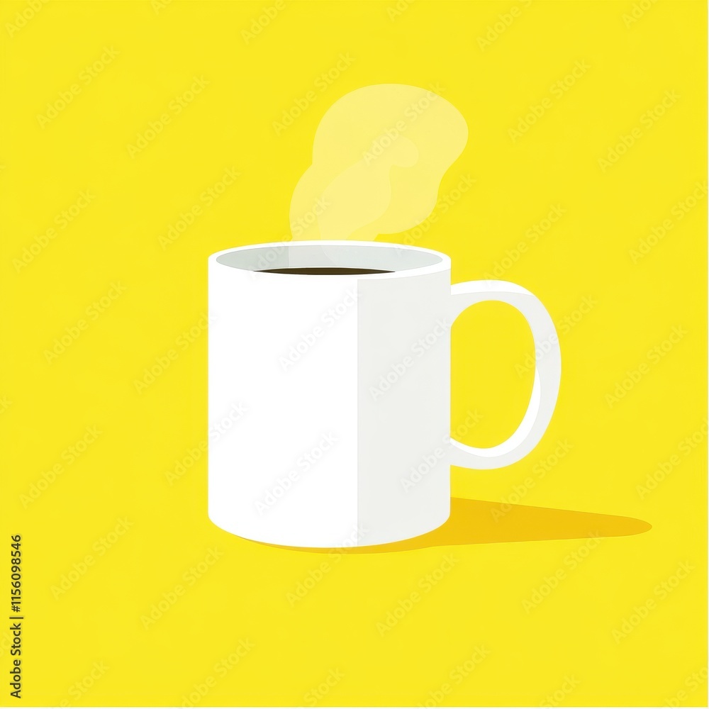 A steaming white coffee mug against a vibrant yellow background. A steaming white coffee mug against a vibrant yellow background.