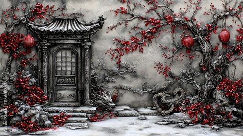 Intricate 3D relief sculpture of a Chinese-style gate, flowering branches, dragons, and lanterns.