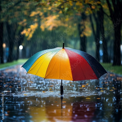 Wallpaper Mural Colorful Umbrella in Rainy Park with Wet Pavement Torontodigital.ca