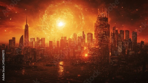 Cityscape with Heat Effect and Skyscrapers at Sunset