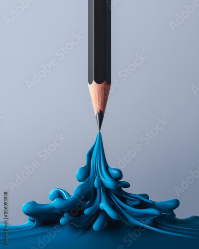Pencil creating blue paint splash on surface