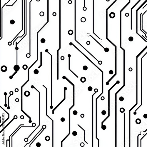 Abstract black and white circuit board pattern, highlighting technology and innovation themes. photo