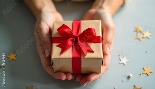 A person’s hands hold a wrapped gift box with a red bow on a light background with stars.