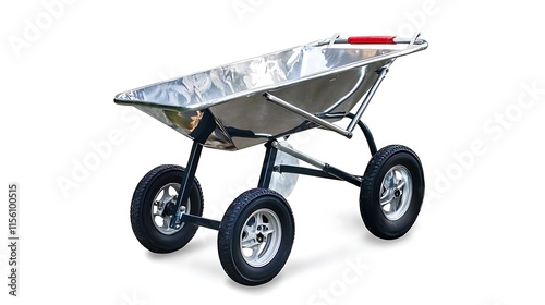 A metallic wheelbarrow with a sleek design and four wheels for easy transportation of materials. photo