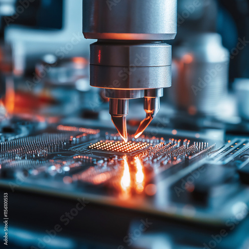 Robotic arm assembling microchips in a high-tech laboratory setting. Generative AI