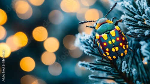 An artistic depiction of a Christmas beetle (Anoplognathus spp.) showcasing its vibrant colors amid a holiday wreath. photo