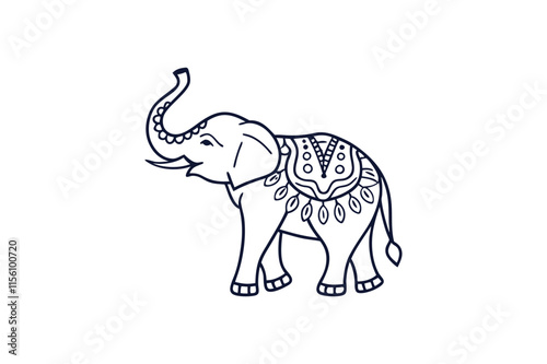 decorated elephant silhouette line art vector illustration on white background