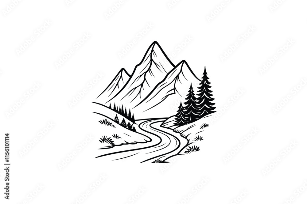 mountain with river line art vector illustration on white background