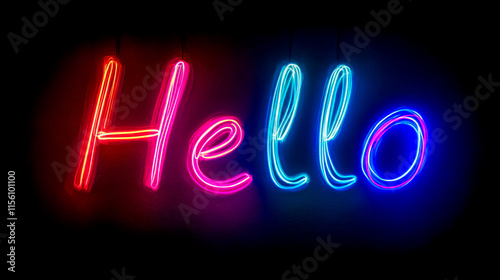 Vibrant neon hello sign glowing on dark background