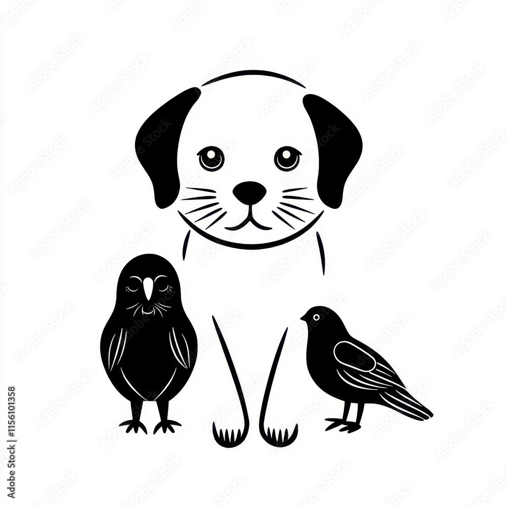 Fototapeta premium A cute illustrated dog surrounded by two stylized birds, showcasing friendship between animals.