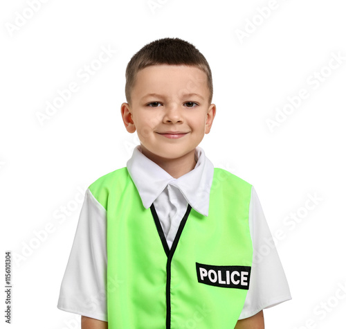 Little boy pretending to be policeman on white background. Dreaming of future profession photo