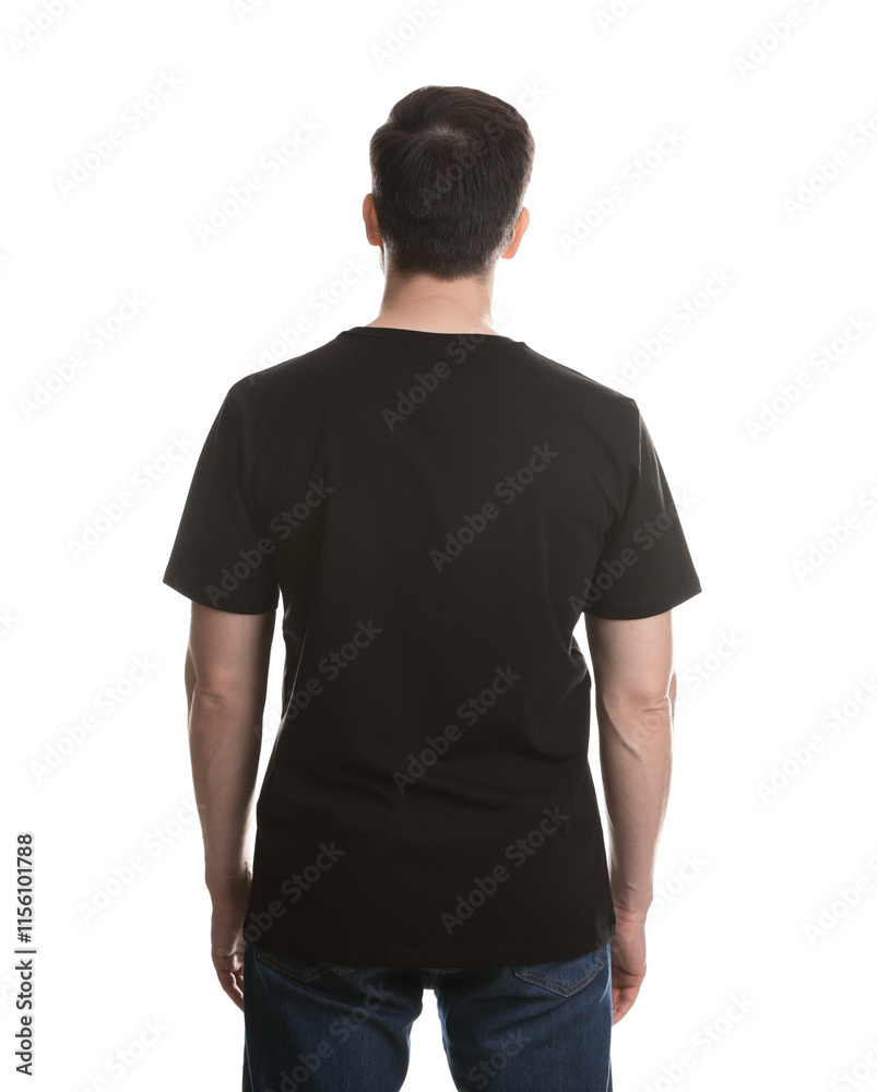 Man in blank black t-shirt on white background, back view. Mockup for design Man in blank black t-shirt on white background, back view. Mockup for design