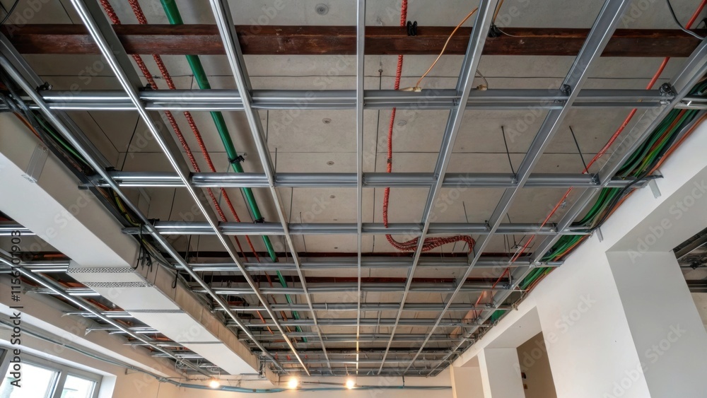 Obraz premium The view captures a section of the ceiling where exposed metalwork intersects with wires allowing a glimpse of the structure and systems that lay beneath the surface planning of