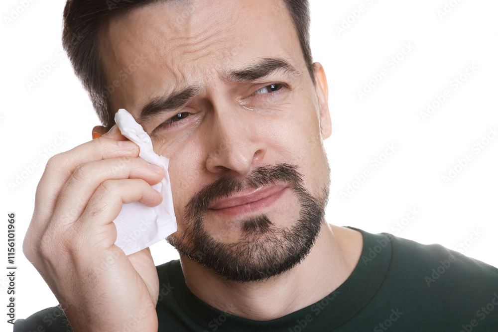 Sad man with paper tissue crying on white background Sad man with paper tissue crying on white background