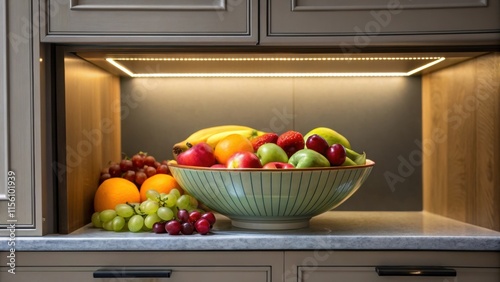 The undercabinet light outlines the edges of a vibrant fruit bowl causing the reds yellows and greens to pop against the backdrop of muted cabinet colors and creating a feast for photo