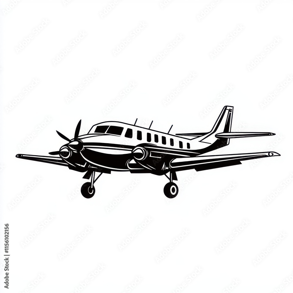 Stylized black and white illustration of a propeller airplane in flight, showcasing its sleek design. Stylized black and white illustration of a propeller airplane in flight, showcasing its sleek design.