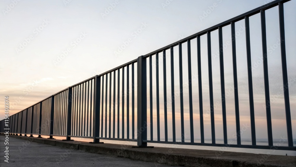 Naklejka premium The railings vertical slats stand in stark contrast against the pale sky highlighting the starkness of the metal as the promise of color and design looms on the horizon.