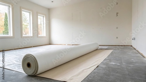 The roll of protective covering sits on a clean blank slate of a room surrounded by walls emphasizing the transformative potential of the forthcoming design. photo