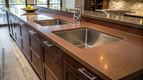 The rich hues of the countertop are accentuated by the unmounted sink outs where the crisp lines create a modern aesthetic alongside the natural surfaces. photo