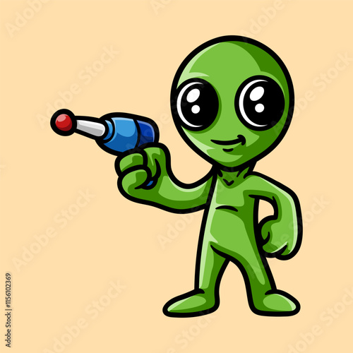 fun alien with blaster gun cartoon isolated colored drawing line art style sketch classic vintage design illustration