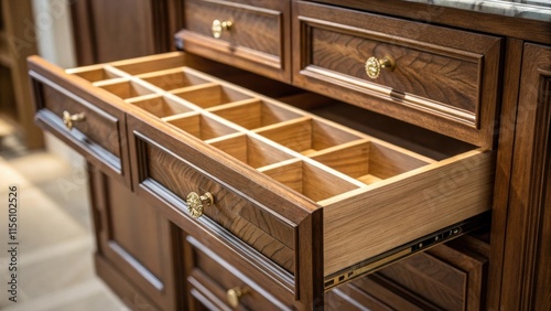 The intricate joinery of an open drawer is highlighted capturing the artistry of craftsmanship in the cabinetry with a polished wood finish that glows softly in ambient light.
